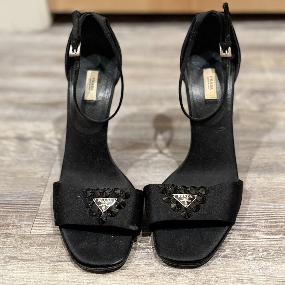 Prada Black Strappy Satin Logo Heels
